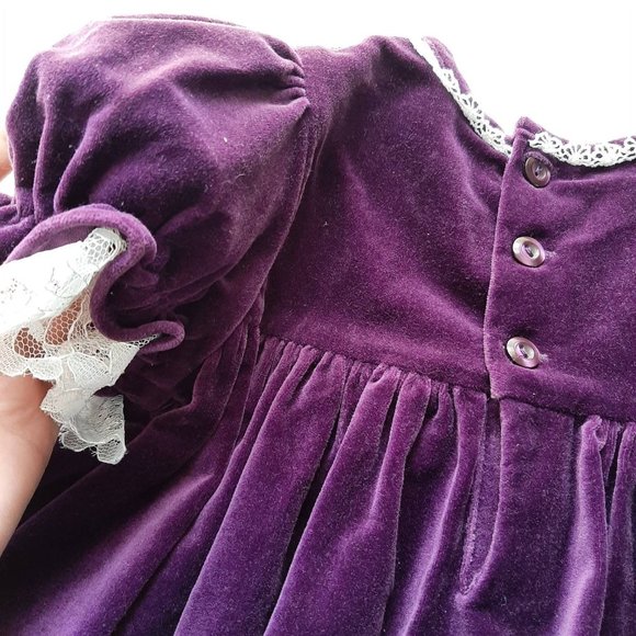 Vtg 90s Smocked Purple Velvet Cottagecore Baby Dress with Rosettes, 24 mo - Picture 3 of 9